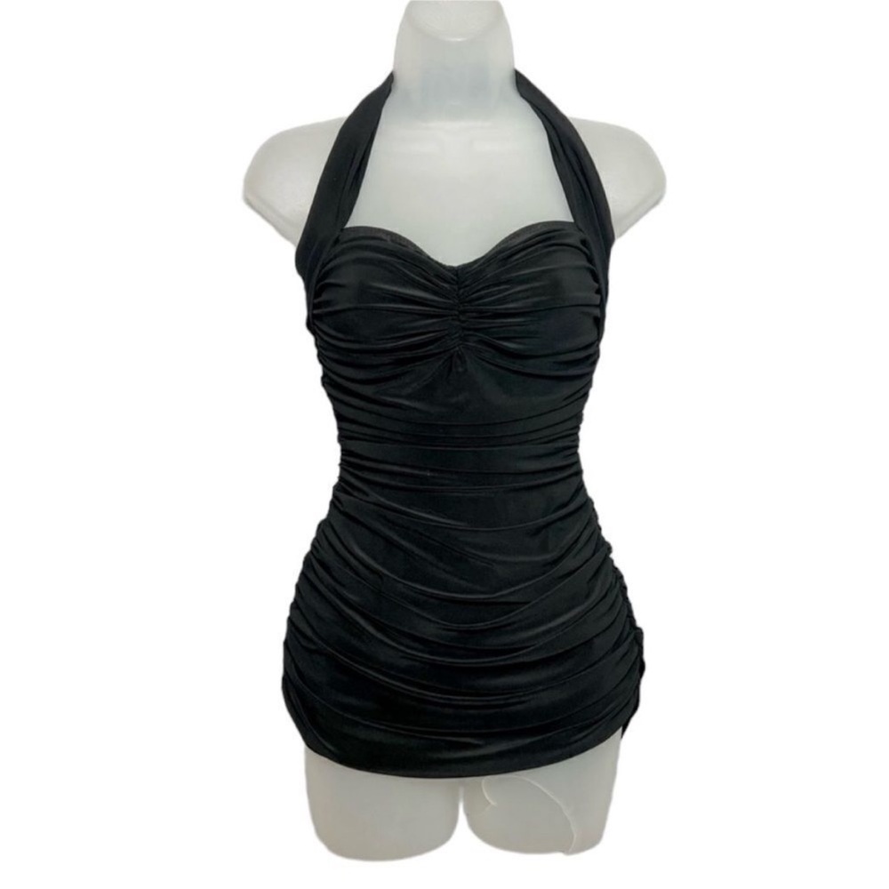 Norma Kamali black halter top ruched swimsuit size small new Sabrina Carpenter